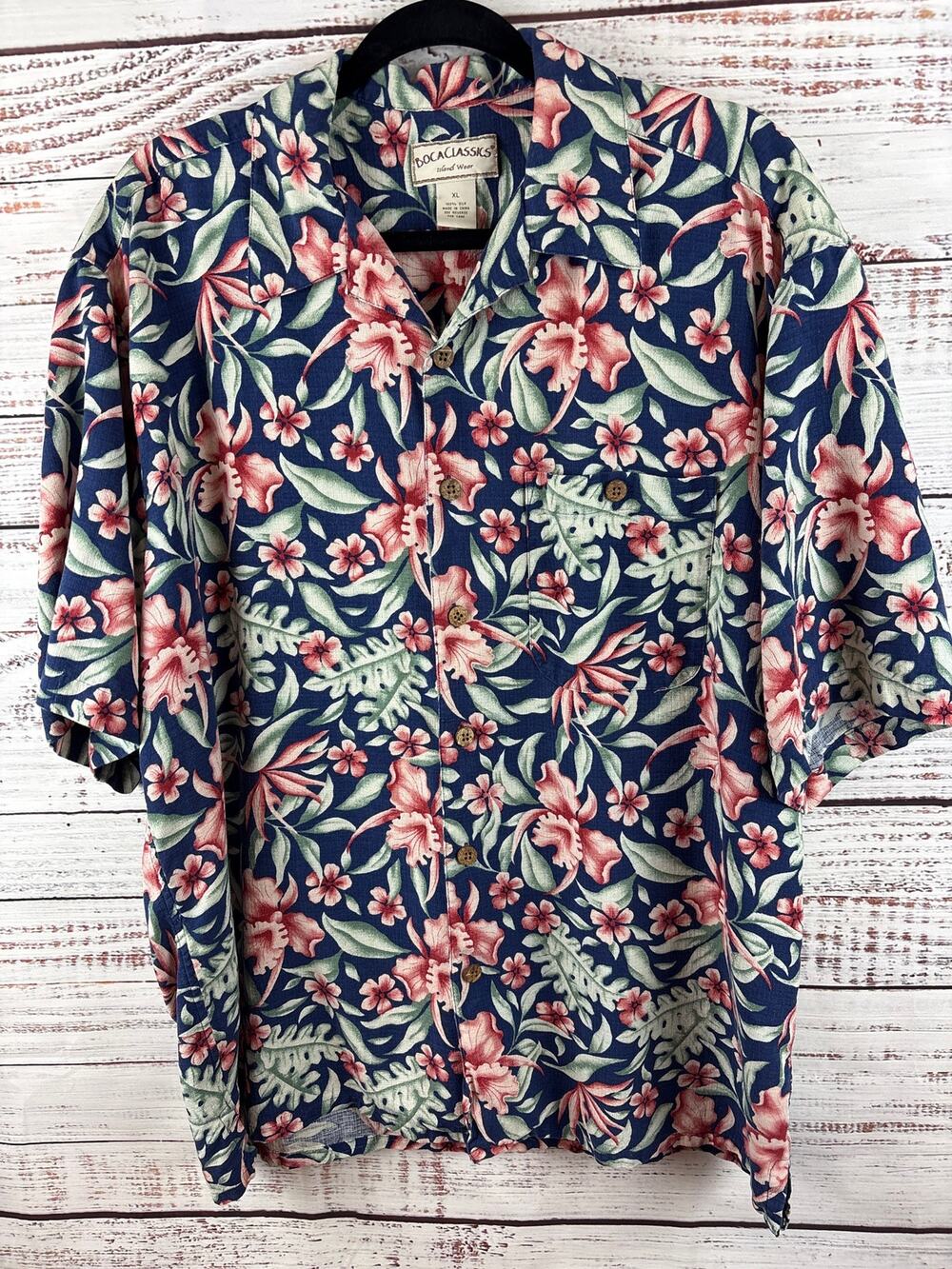 VTG Boca Classics Island Wear Blue Tropical Hawaiian Shirt 100% Silk Mens Sz XL